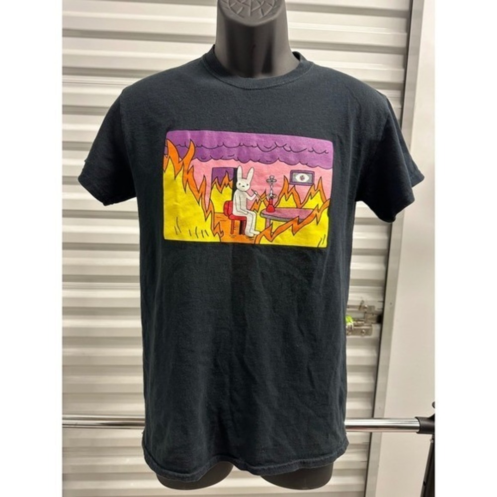 Bad Bunny Shirt X100PRE Tour Small Concert T Black Bunny Fire Burning Meme